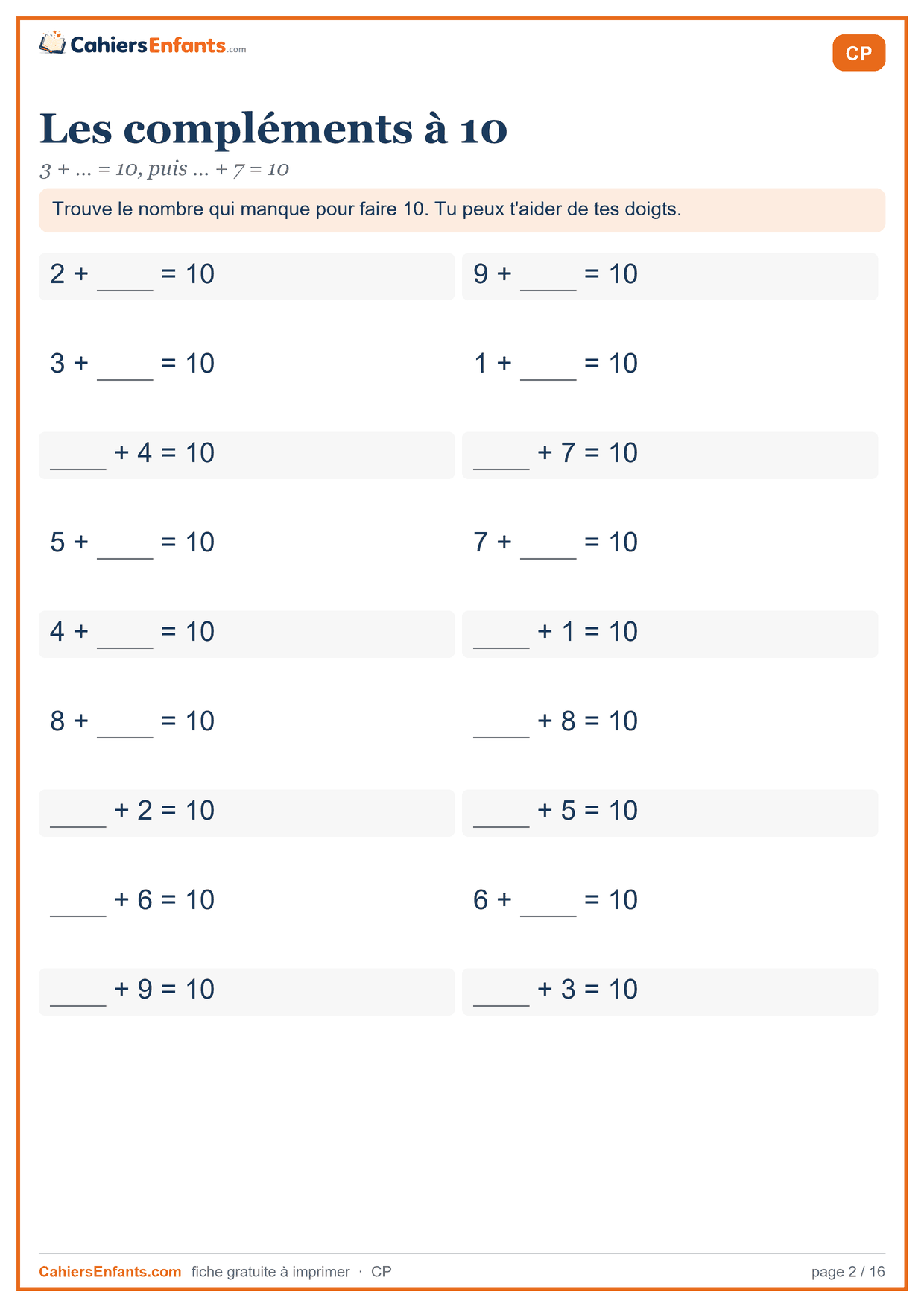 Fiche compléments à 10 CP à imprimer, additions à trous