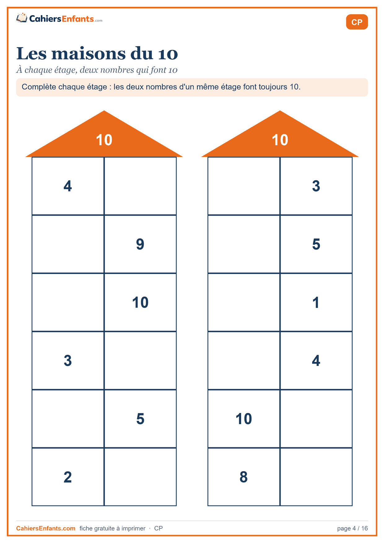 Fiche maisons du 10 CP à imprimer, décompositions de 10