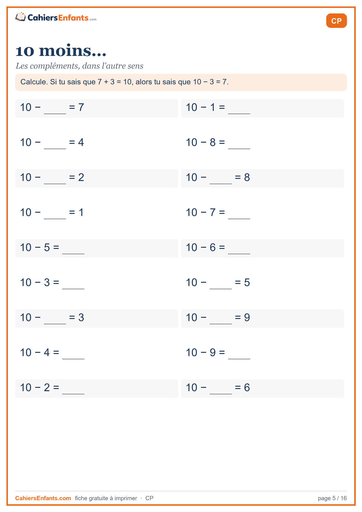 Fiche soustractions 10 moins CP à imprimer