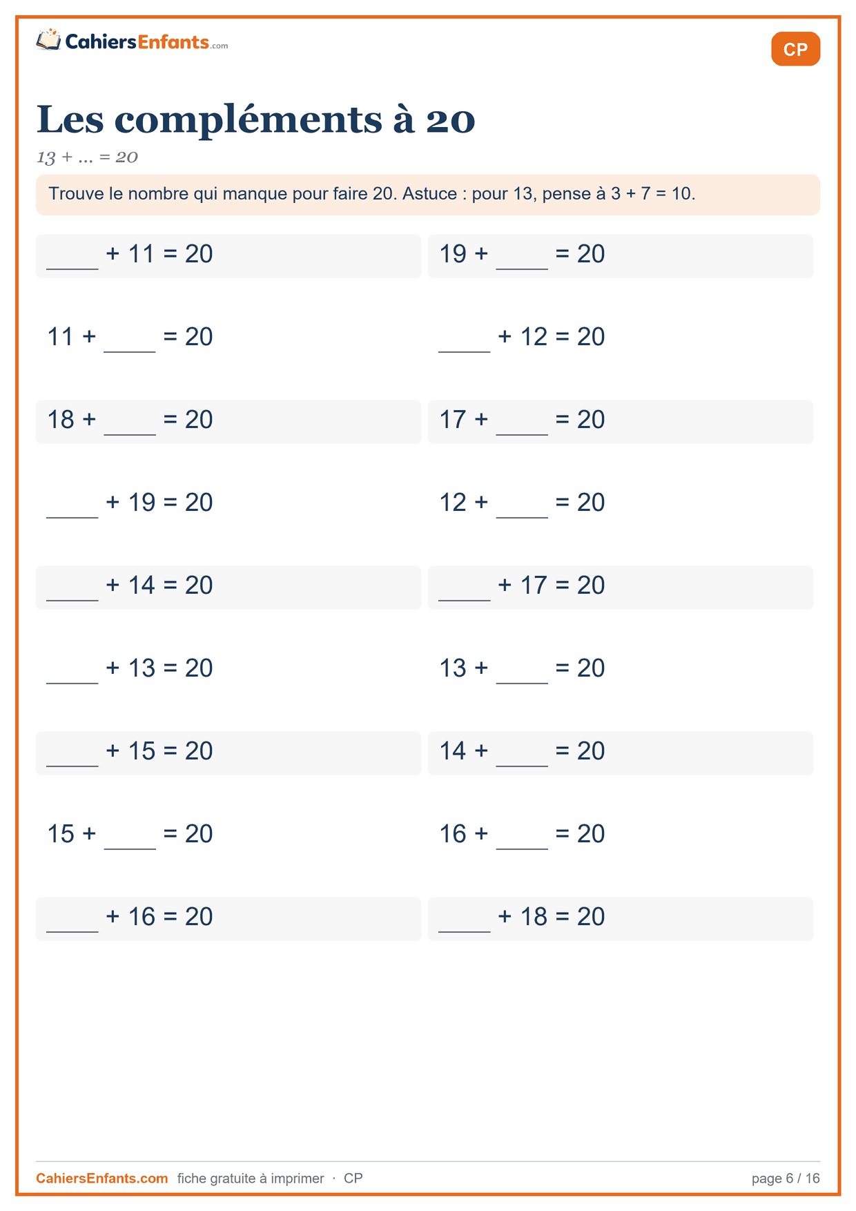 Fiche compléments à 20 CP à imprimer