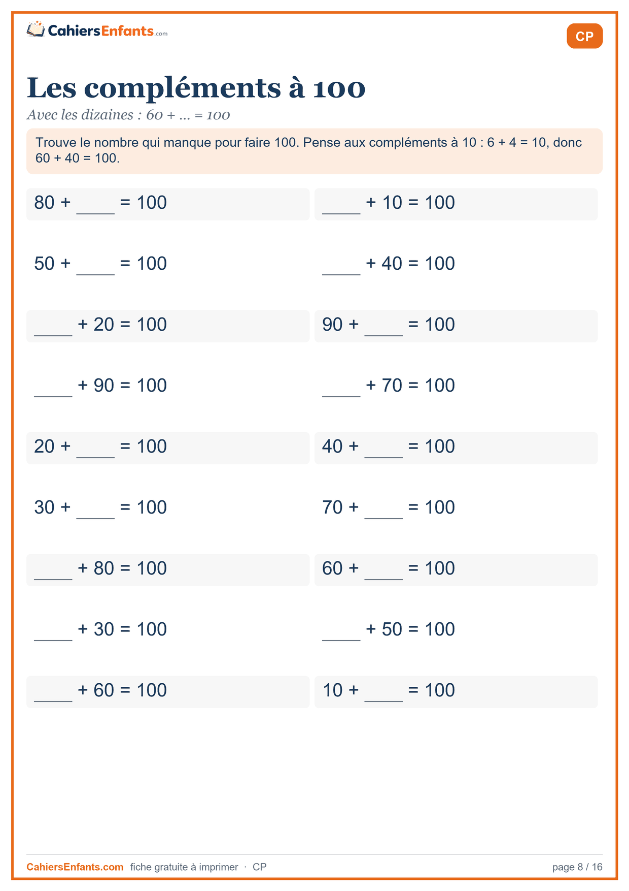 Fiche compléments à 100 par dizaines CP à imprimer
