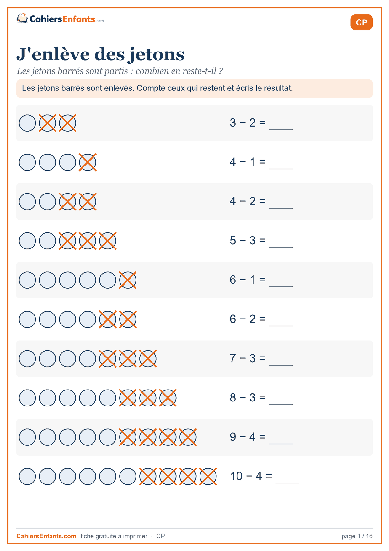 Fiche soustraction CP à imprimer avec des jetons barrés, jusqu'à 10