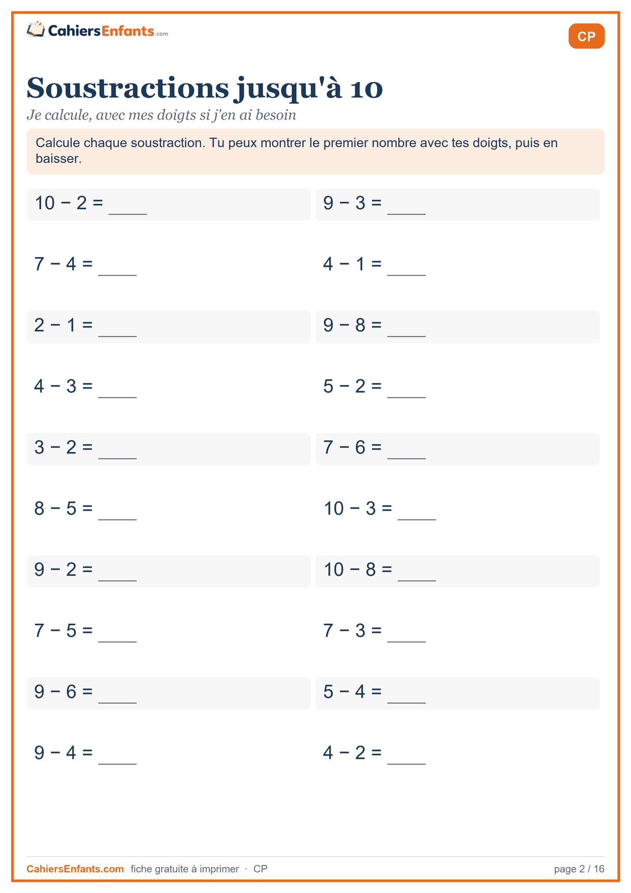 Fiche de soustractions CP à imprimer, nombres jusqu'à 10