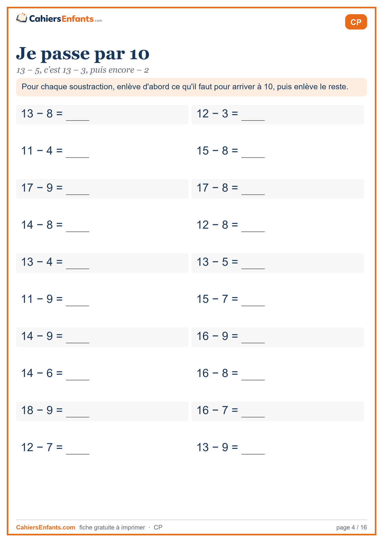 Fiche soustraction CP à imprimer : passer par 10
