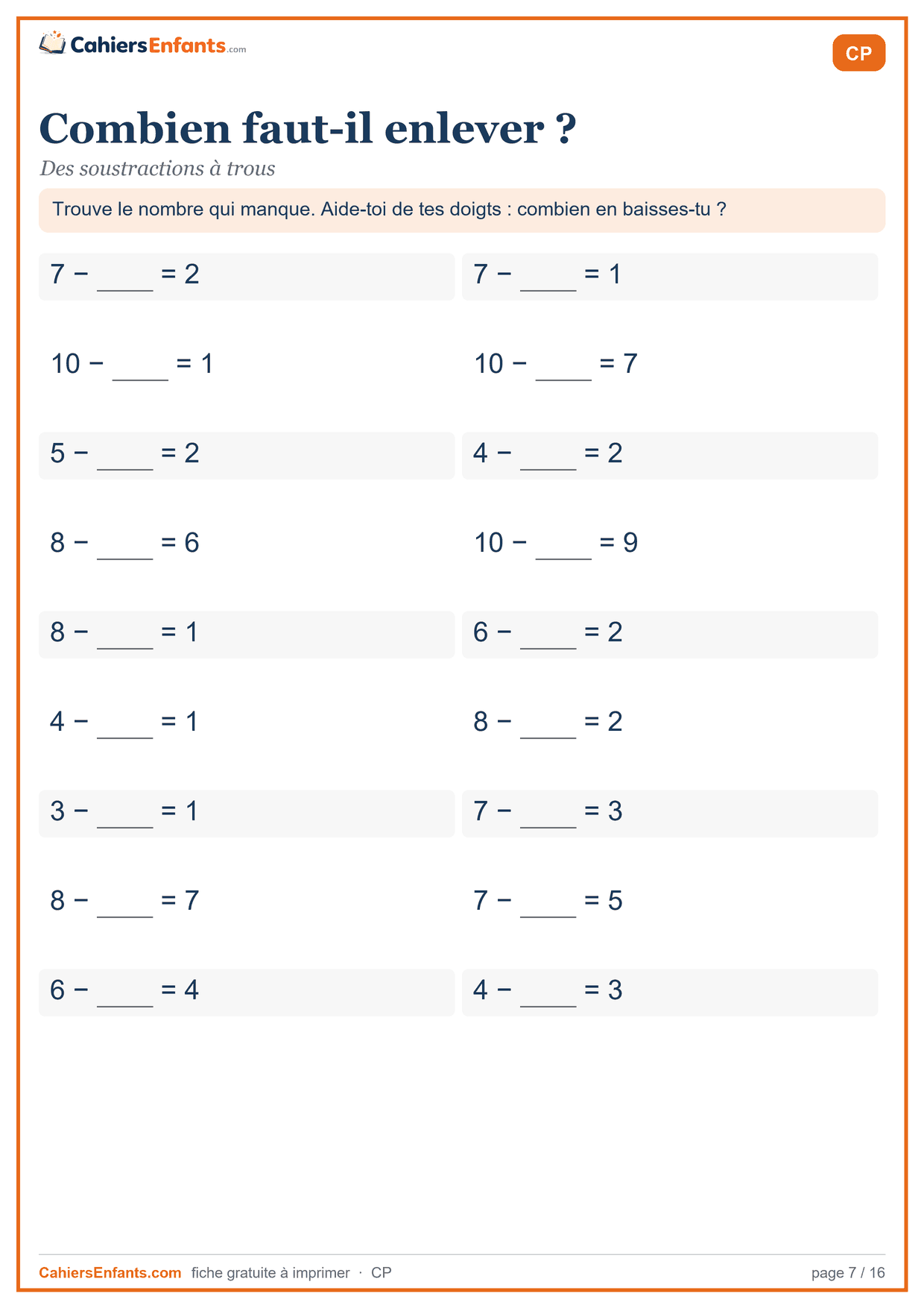 Fiche soustractions à trous CP à imprimer