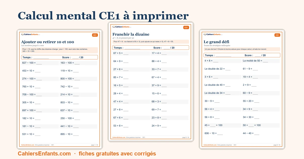 Calcul mental CE1 : 8 séries à imprimer avec corrigés