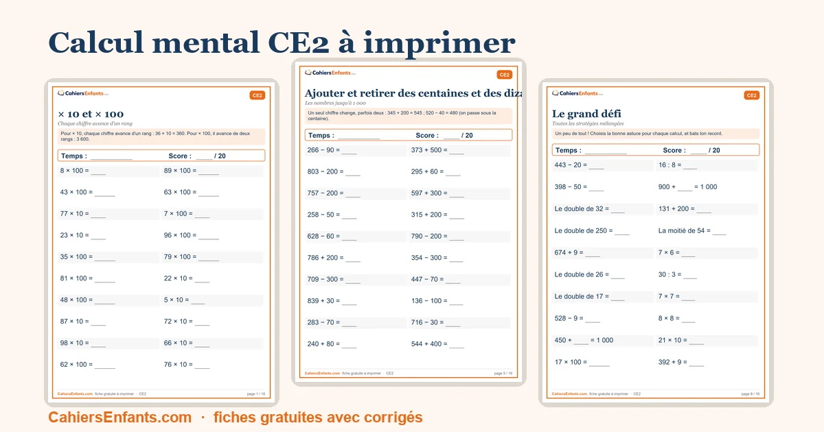 Séries de calcul mental CE2 à imprimer avec temps et score