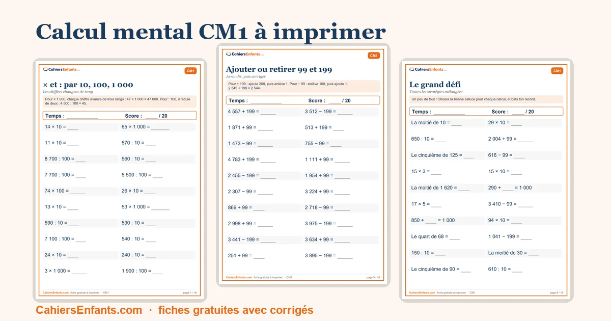 Séries de calcul mental CM1 à imprimer avec temps et score