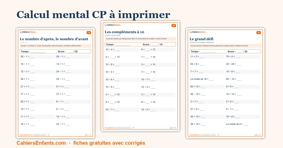 Séries de calcul mental CP à imprimer avec temps et score
