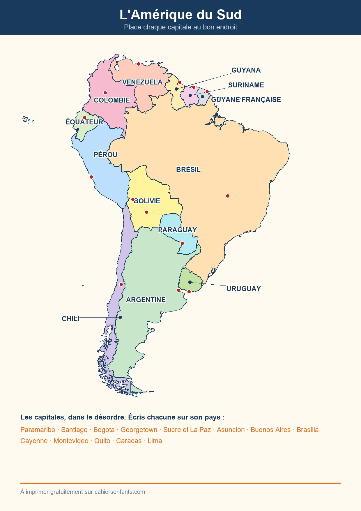 Carte d'Amérique du Sud avec les pays nommés et les capitales à placer