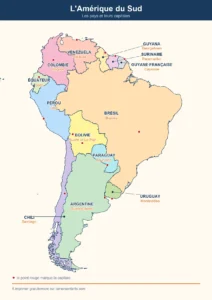 Carte d'Amérique du Sud à imprimer : les 12 pays en couleur et leurs capitales