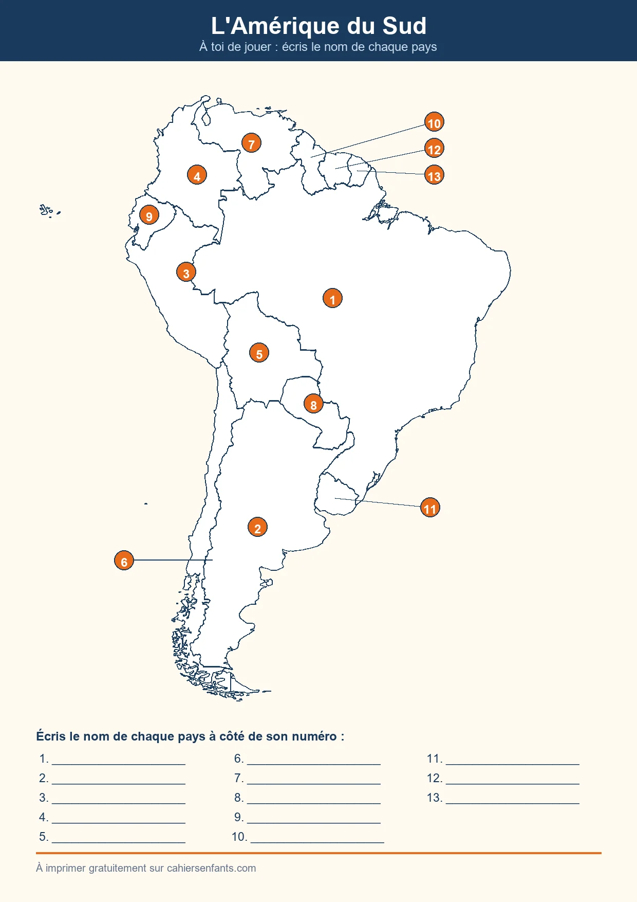 Carte muette d'Amérique du Sud à imprimer, pays numérotés à nommer