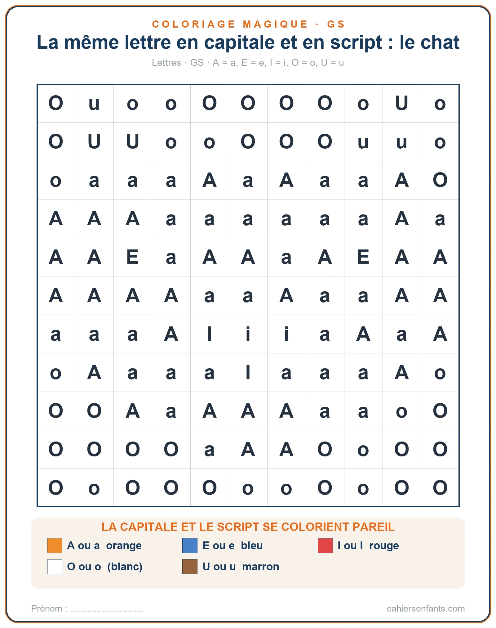 Capitale et script avec le chat, coloriage magique grande section à imprimer