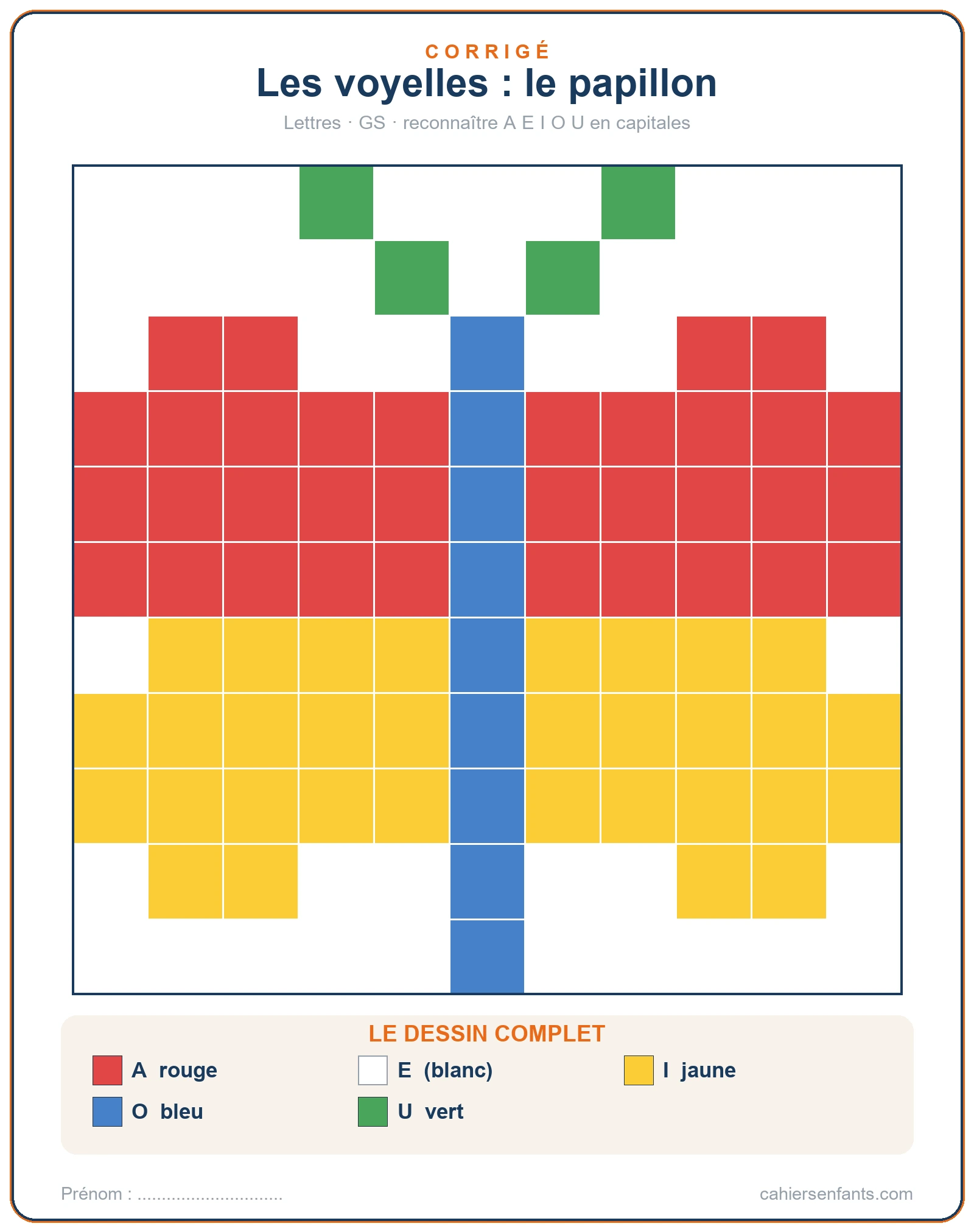 Corrigé du papillon des voyelles, coloriage magique grande section