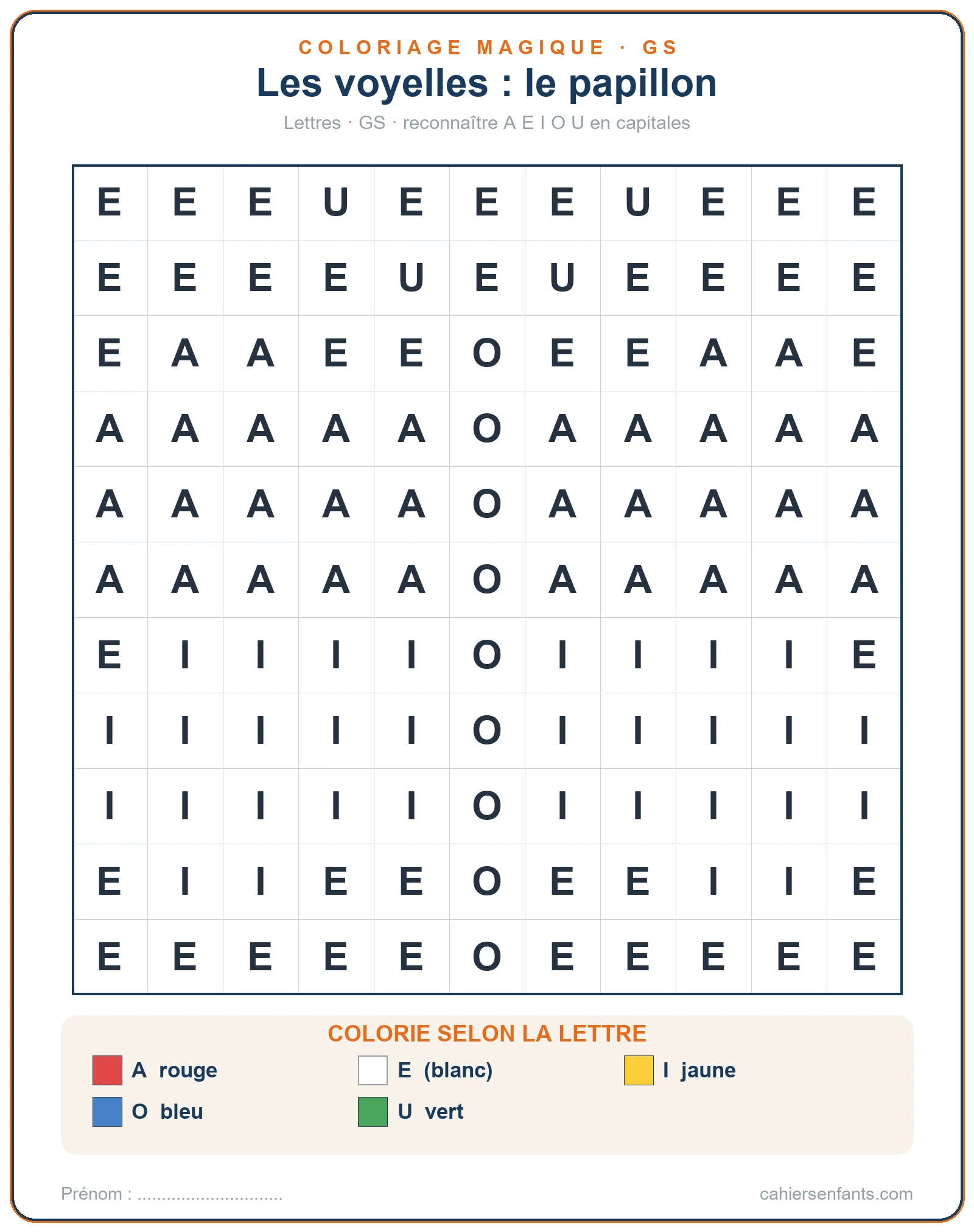 Les voyelles A E I O U et le papillon, coloriage magique grande section à imprimer
