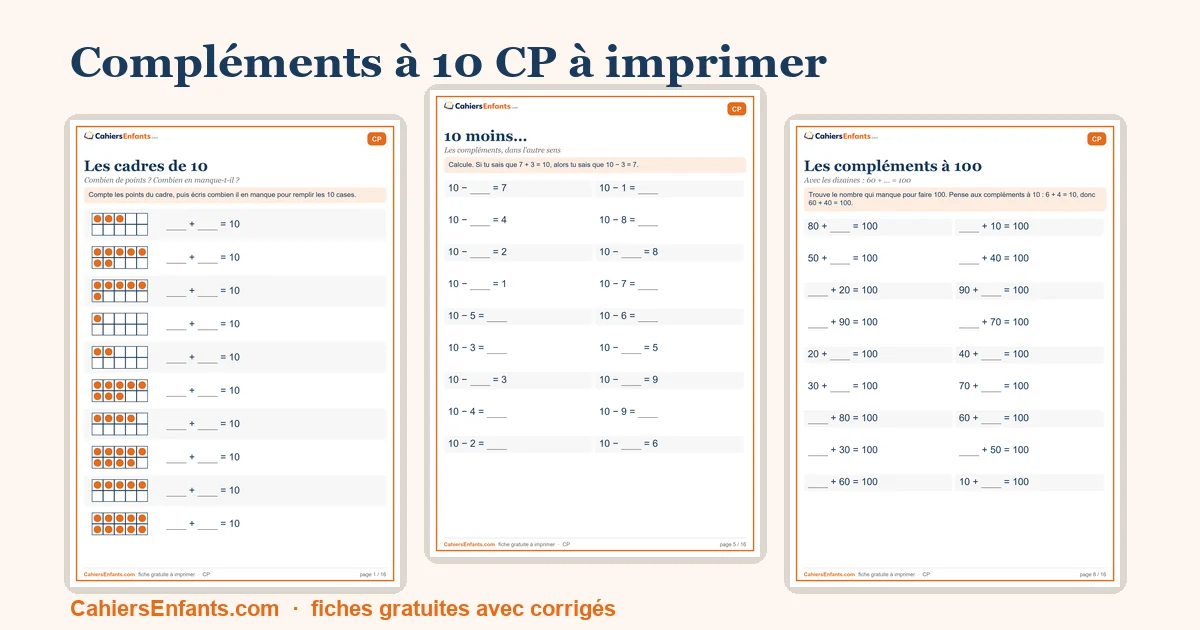 Fiches de compléments à 10 CP à imprimer : cadres de 10, amis du 10 et maisons du 10
