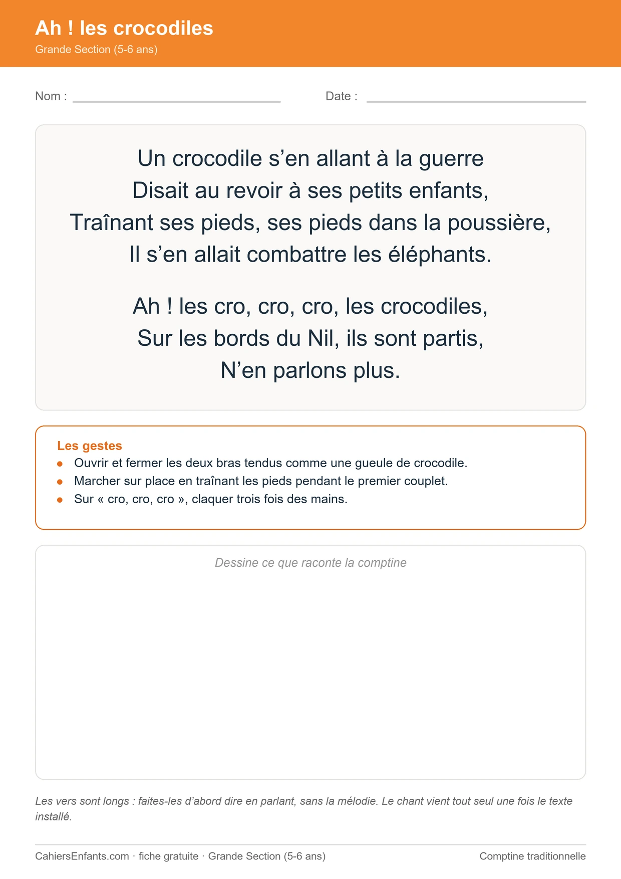 Ah les crocodiles, fiche de comptine pour la Grande Section à imprimer