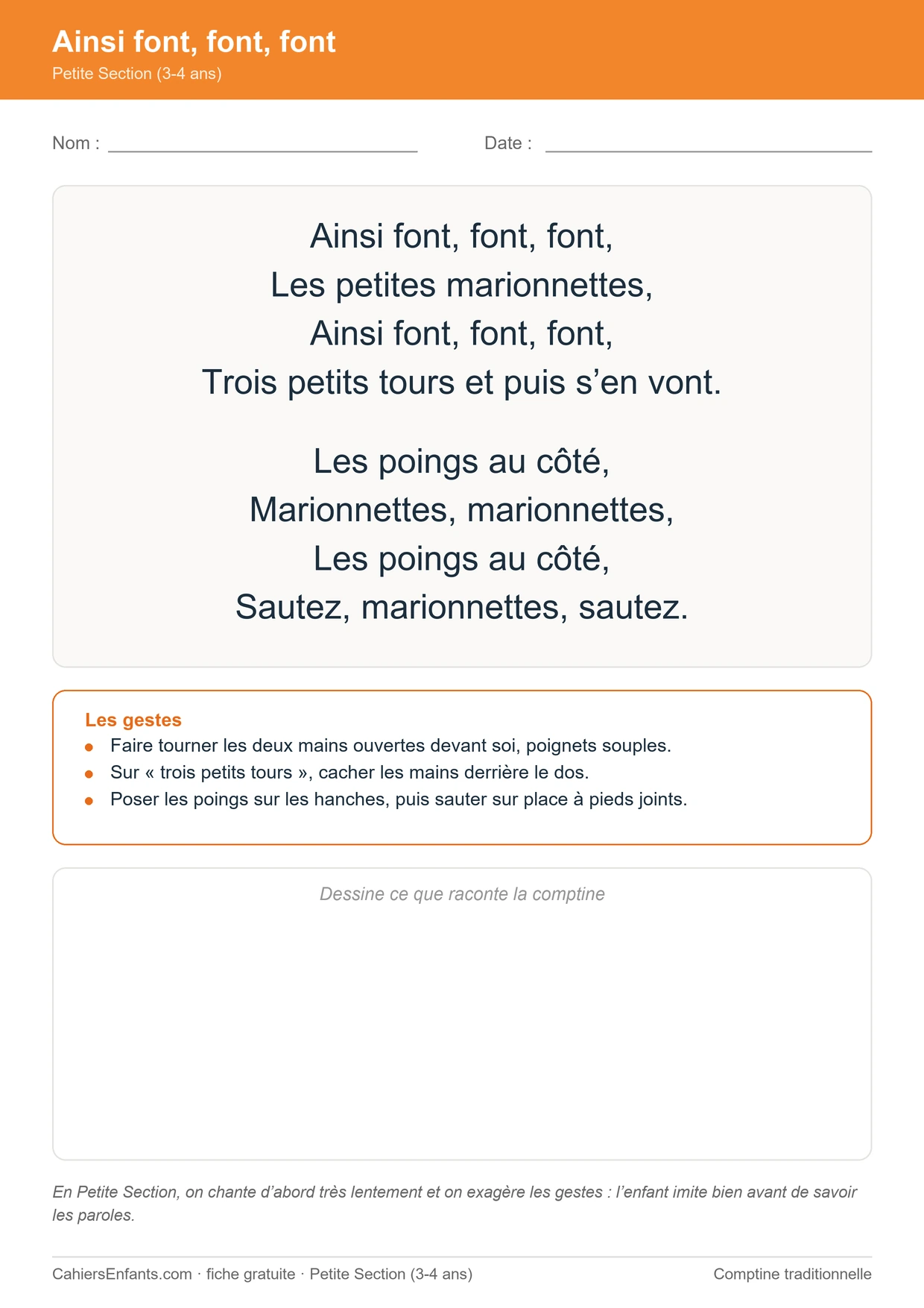 Ainsi font font font, fiche de comptine pour la maternelle Petite Section à imprimer