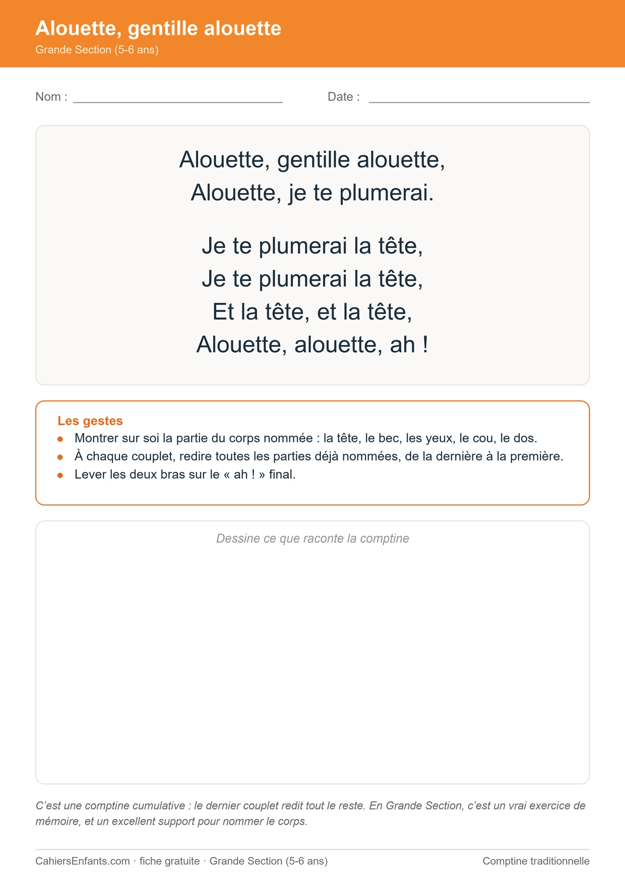 Alouette gentille alouette, comptine cumulative de Grande Section à imprimer
