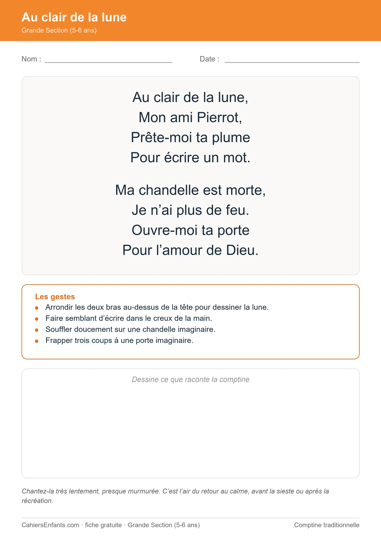 Au clair de la lune, paroles et gestes, fiche de comptine maternelle à imprimer