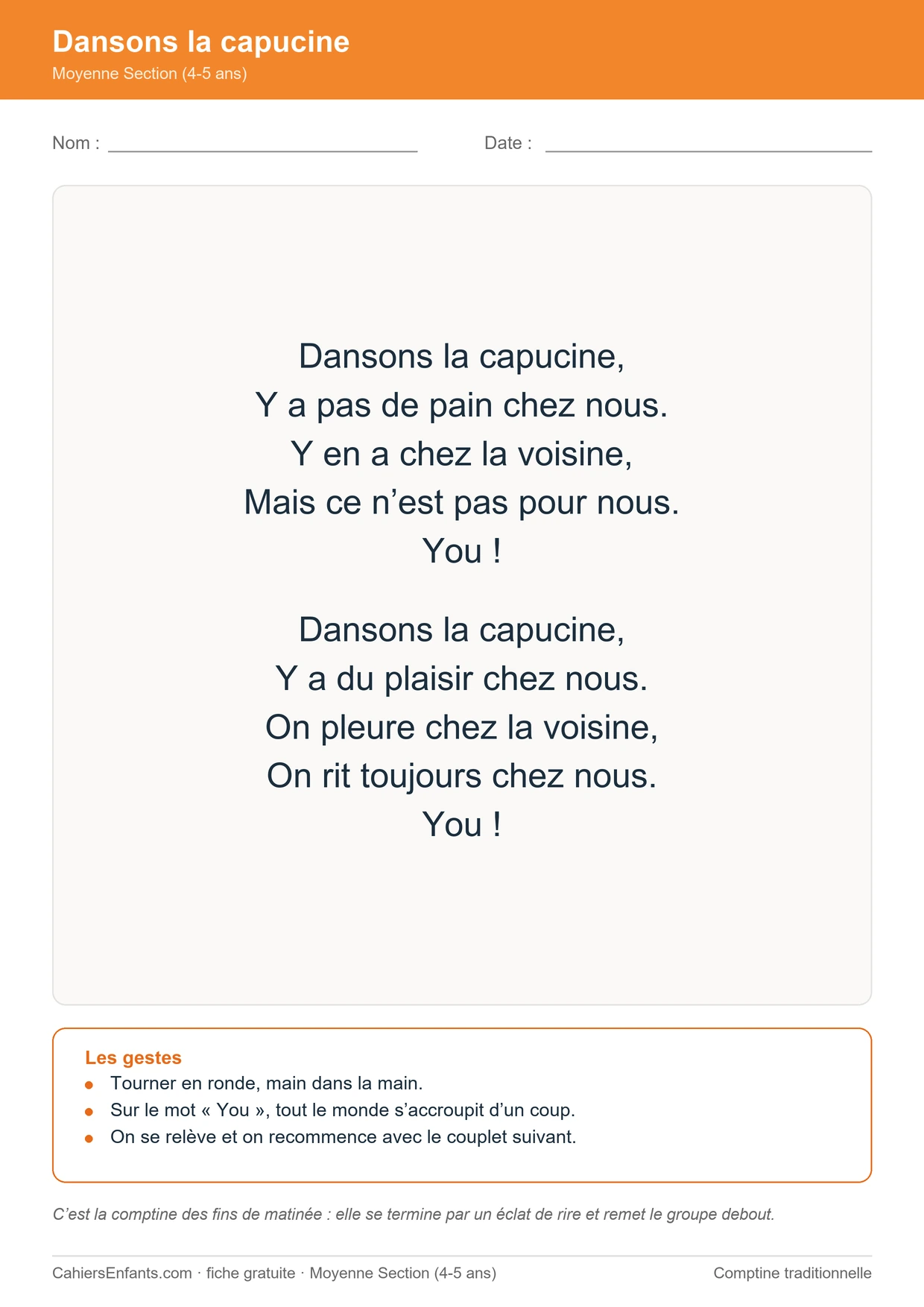 Dansons la capucine, ronde chantée de maternelle, fiche à imprimer