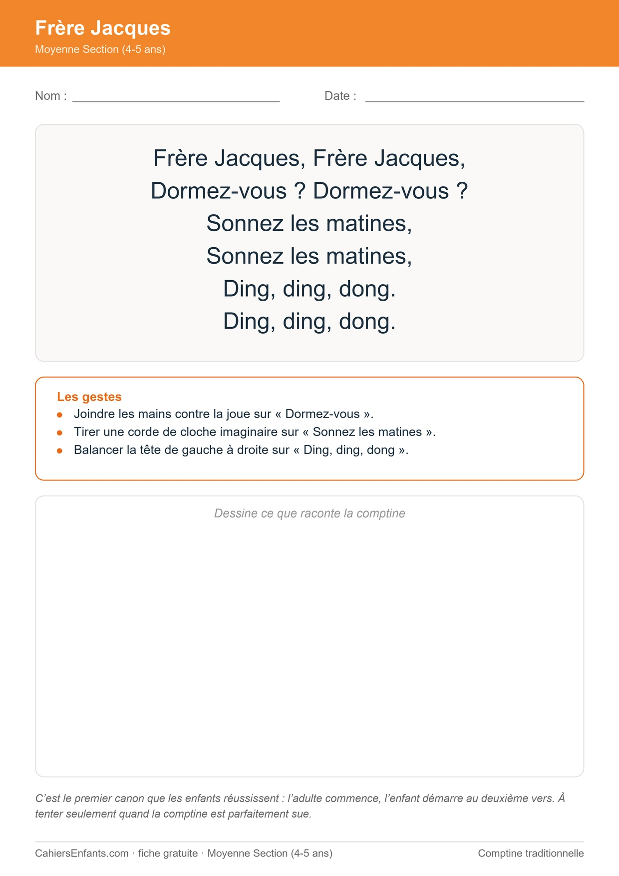 Frère Jacques, paroles et gestes, fiche de comptine pour la maternelle à imprimer
