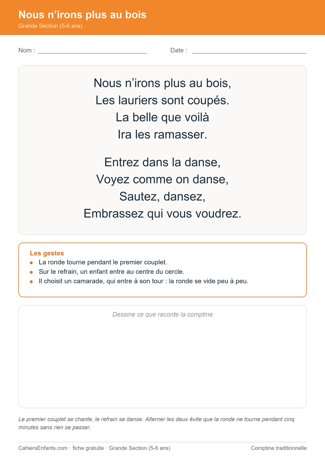 Nous n'irons plus au bois, ronde chantée de maternelle, fiche à imprimer
