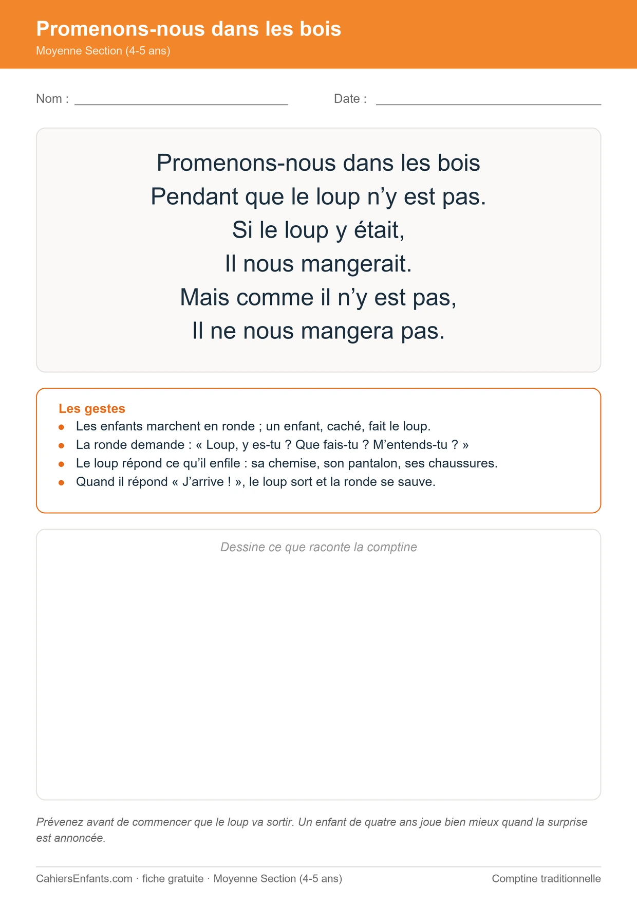 Promenons-nous dans les bois, fiche de comptine maternelle Moyenne Section à imprimer