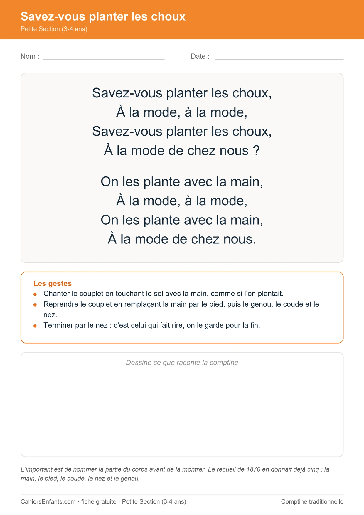 Savez-vous planter les choux, comptine à gestes pour la maternelle à imprimer
