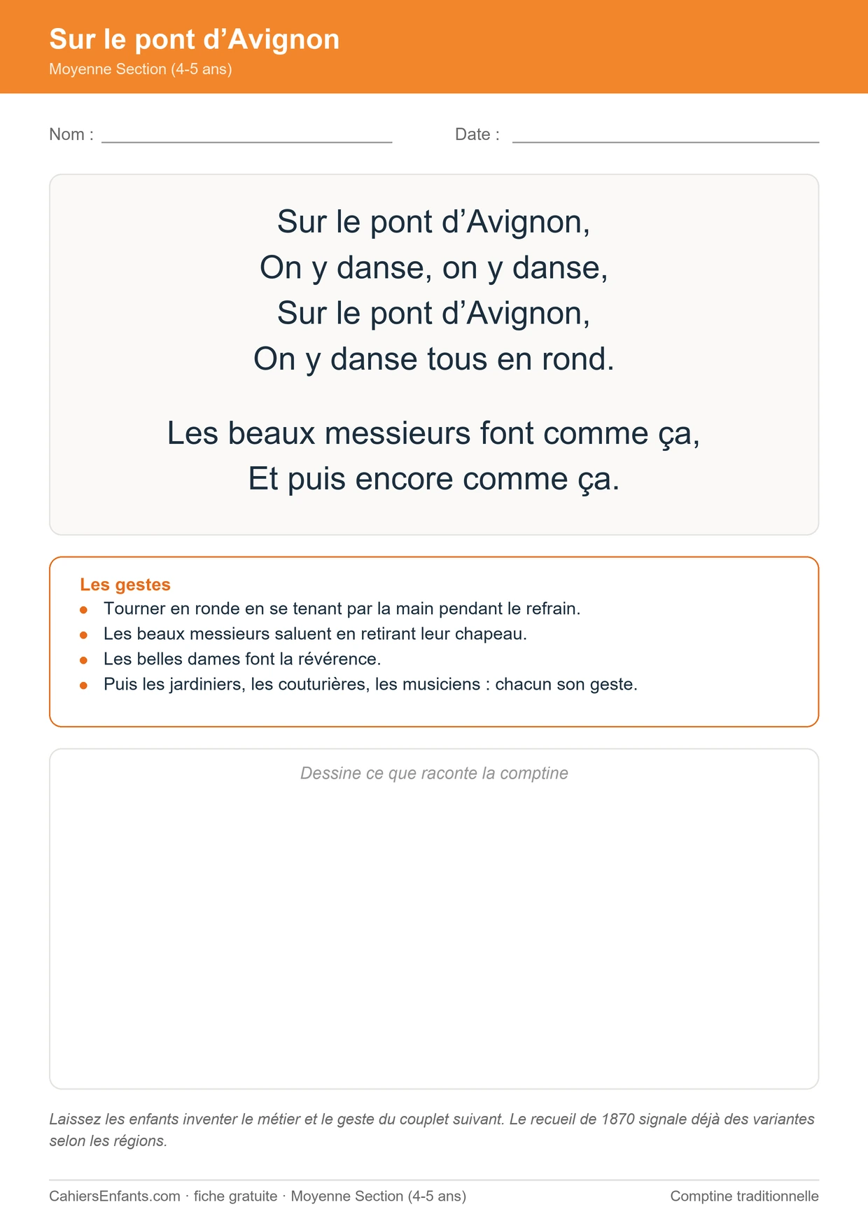 Sur le pont d'Avignon, comptine mimée pour la Moyenne Section à imprimer