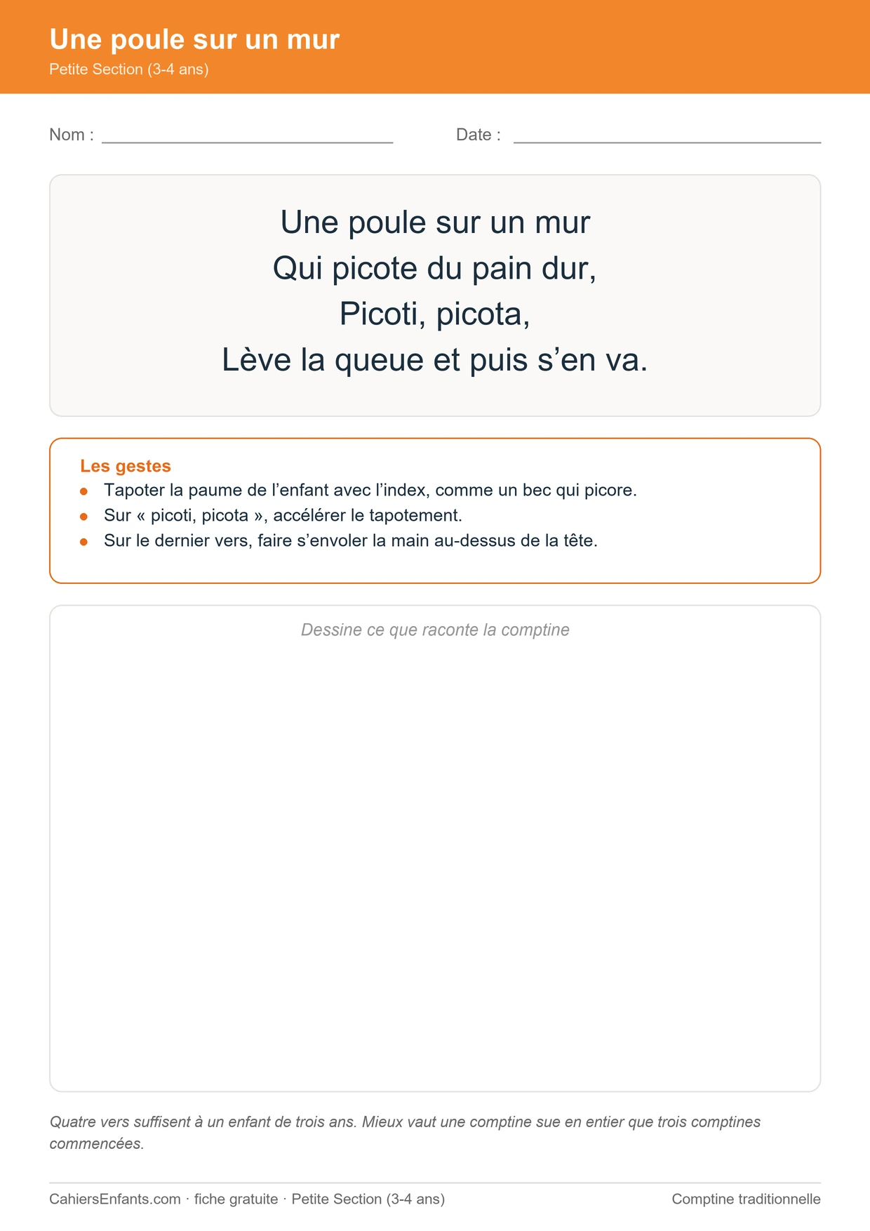 Une poule sur un mur, fiche de comptine à imprimer pour la Petite Section