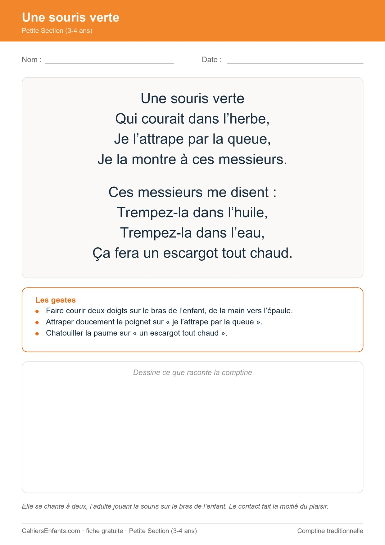 Une souris verte, paroles et gestes, fiche de comptine maternelle PS à imprimer