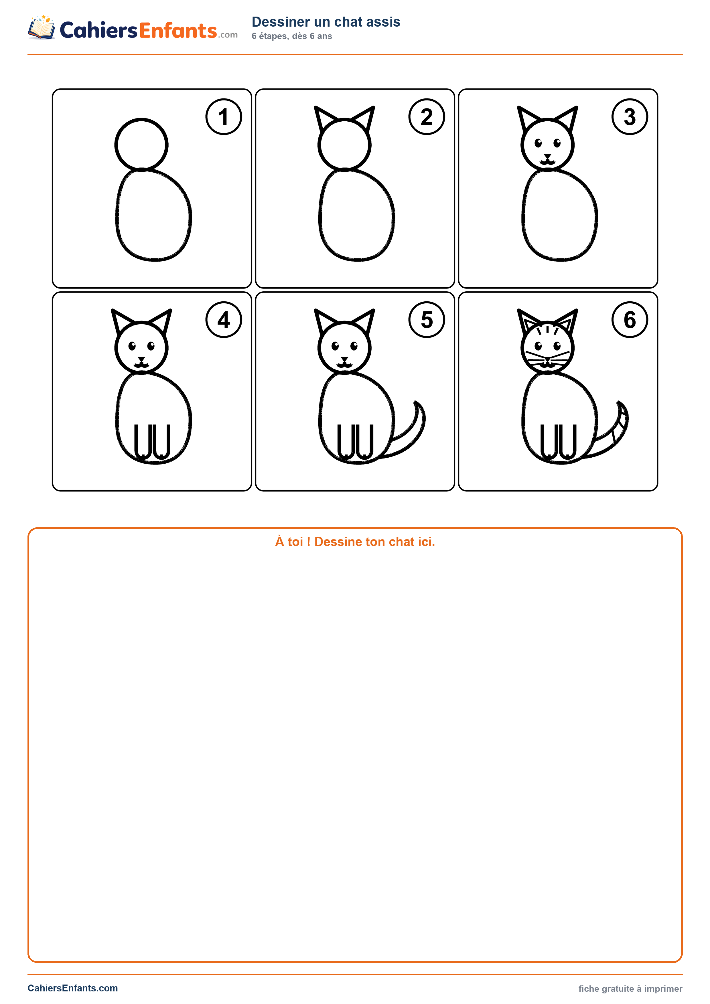 Dessiner un chat assis en 6 étapes, modèle à imprimer