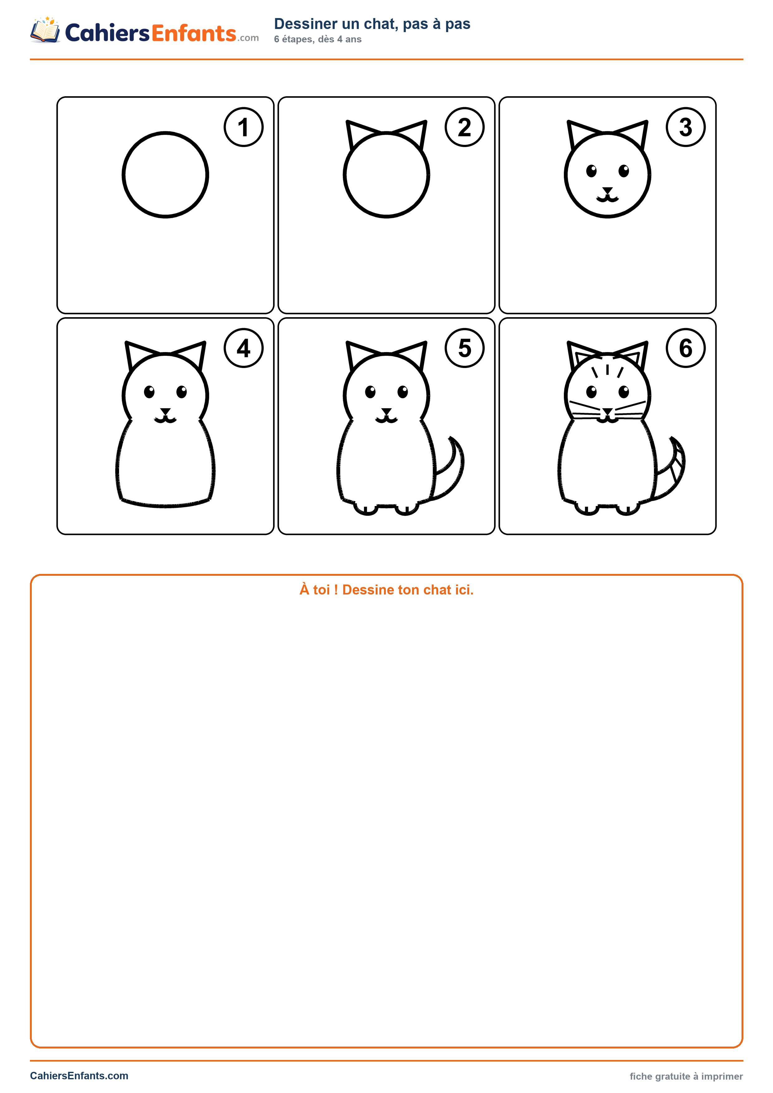 Dessiner un chat facilement en 6 étapes, planche à imprimer
