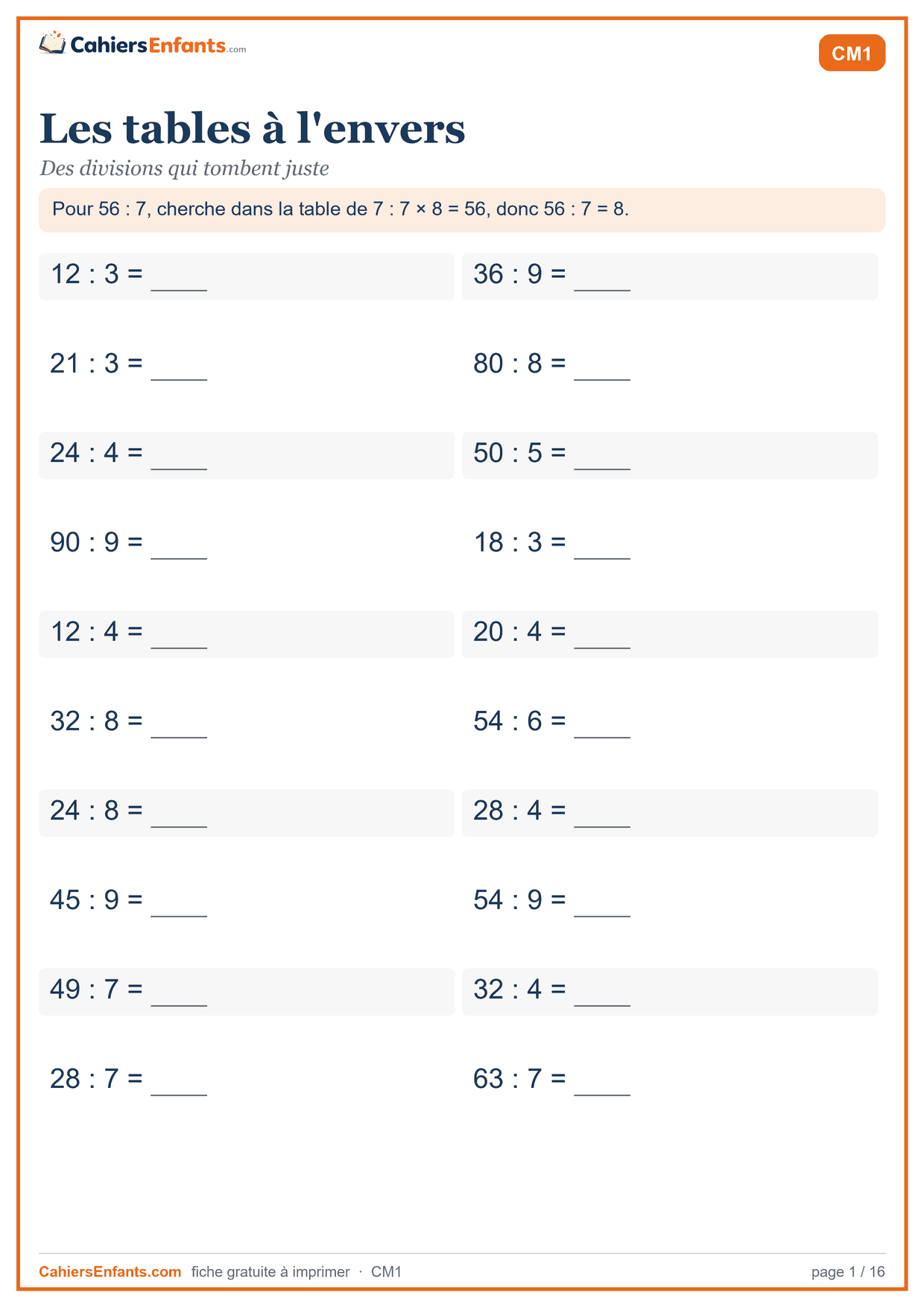Fiche division CM1 à imprimer : les tables de multiplication à l'envers