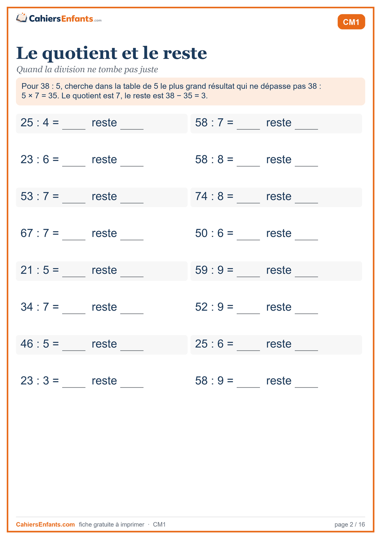 Fiche division CM1 à imprimer : trouver le quotient et le reste