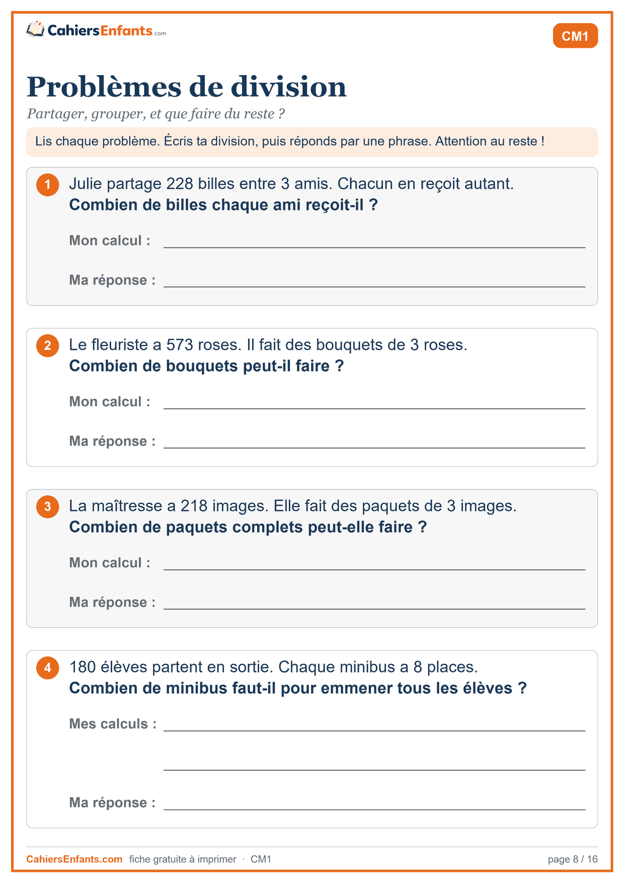 Fiche problèmes de division CM1 à imprimer