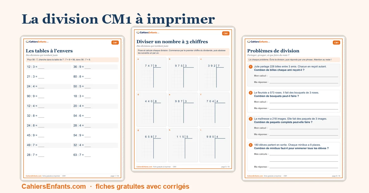 Fiches de division CM1 à imprimer avec corrigés détaillés
