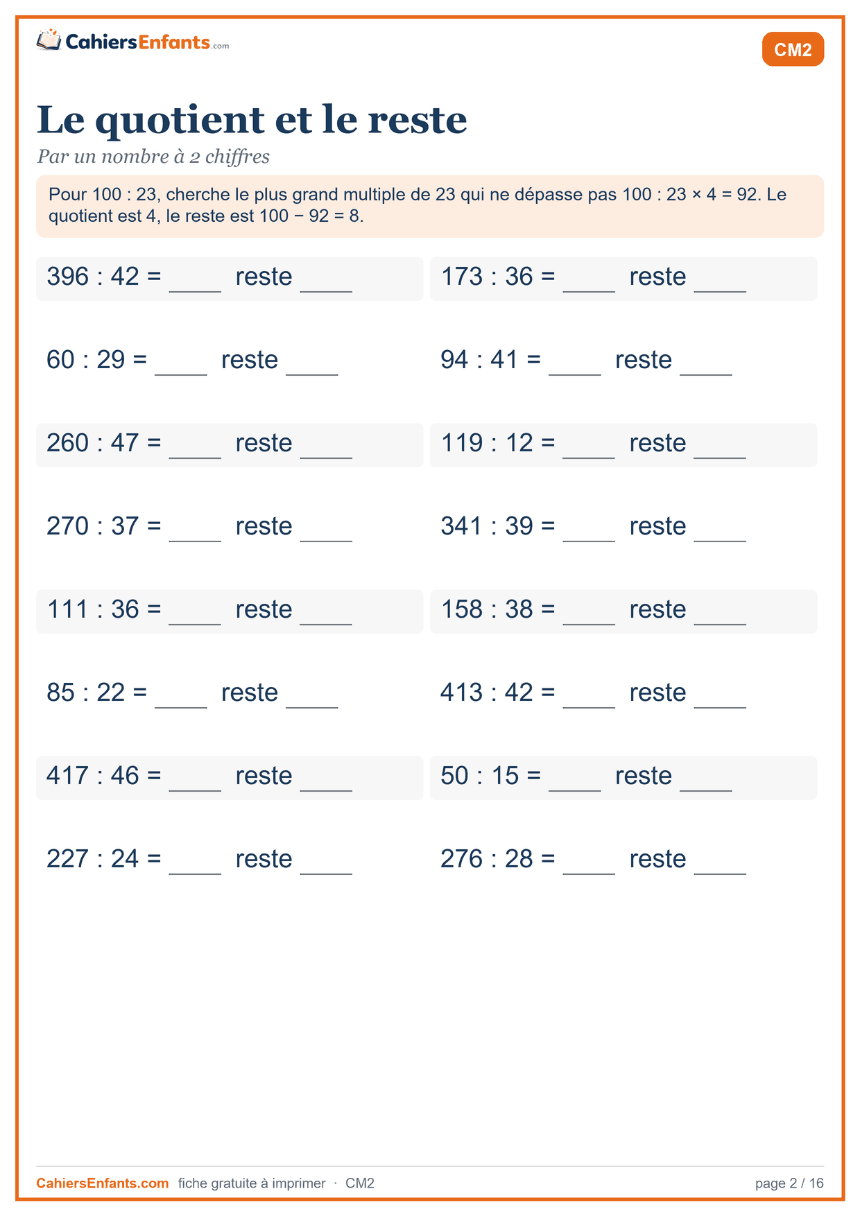 Fiche division CM2 à imprimer : quotient et reste, diviseur à 2 chiffres