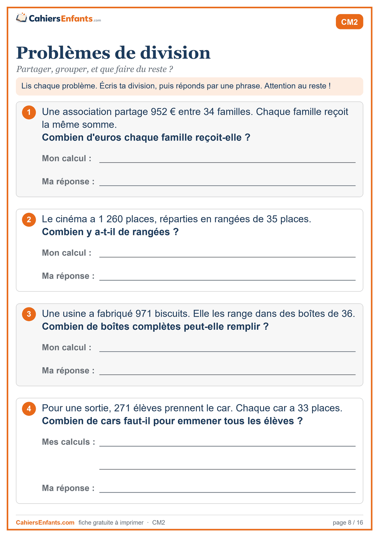 Fiche problèmes de division CM2 à imprimer
