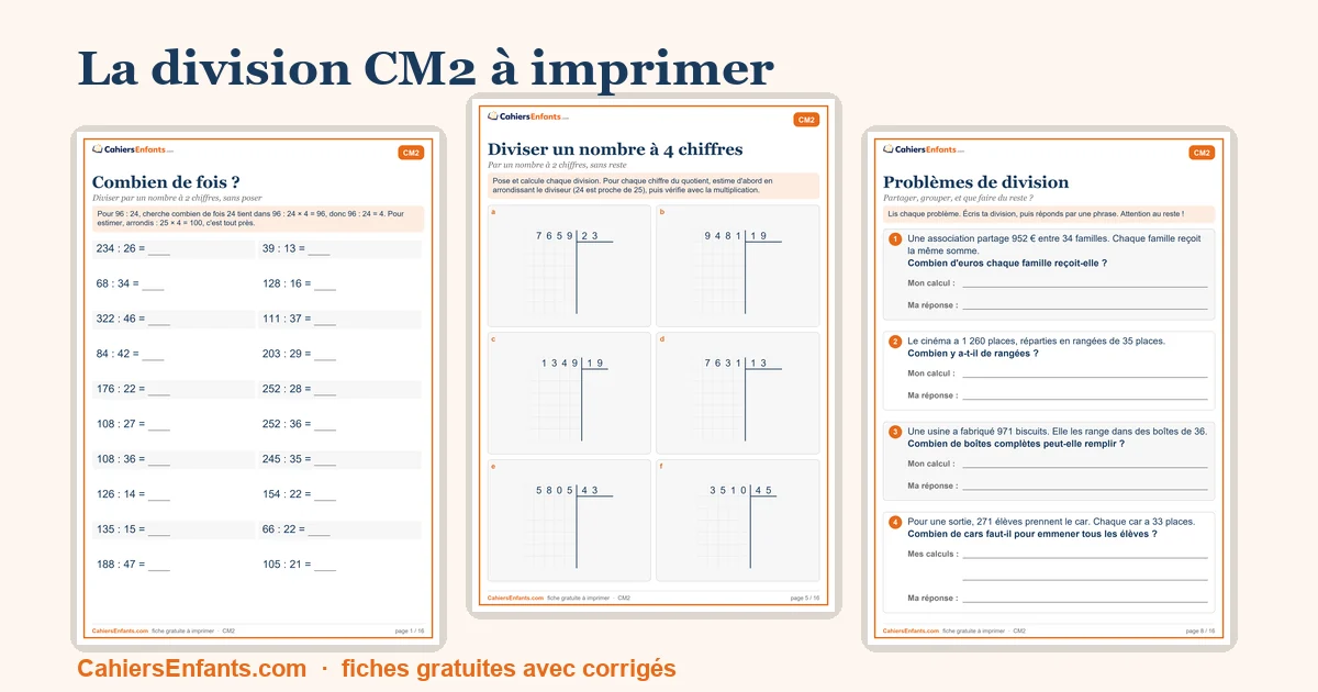 Fiches de division CM2 à imprimer avec corrigés détaillés