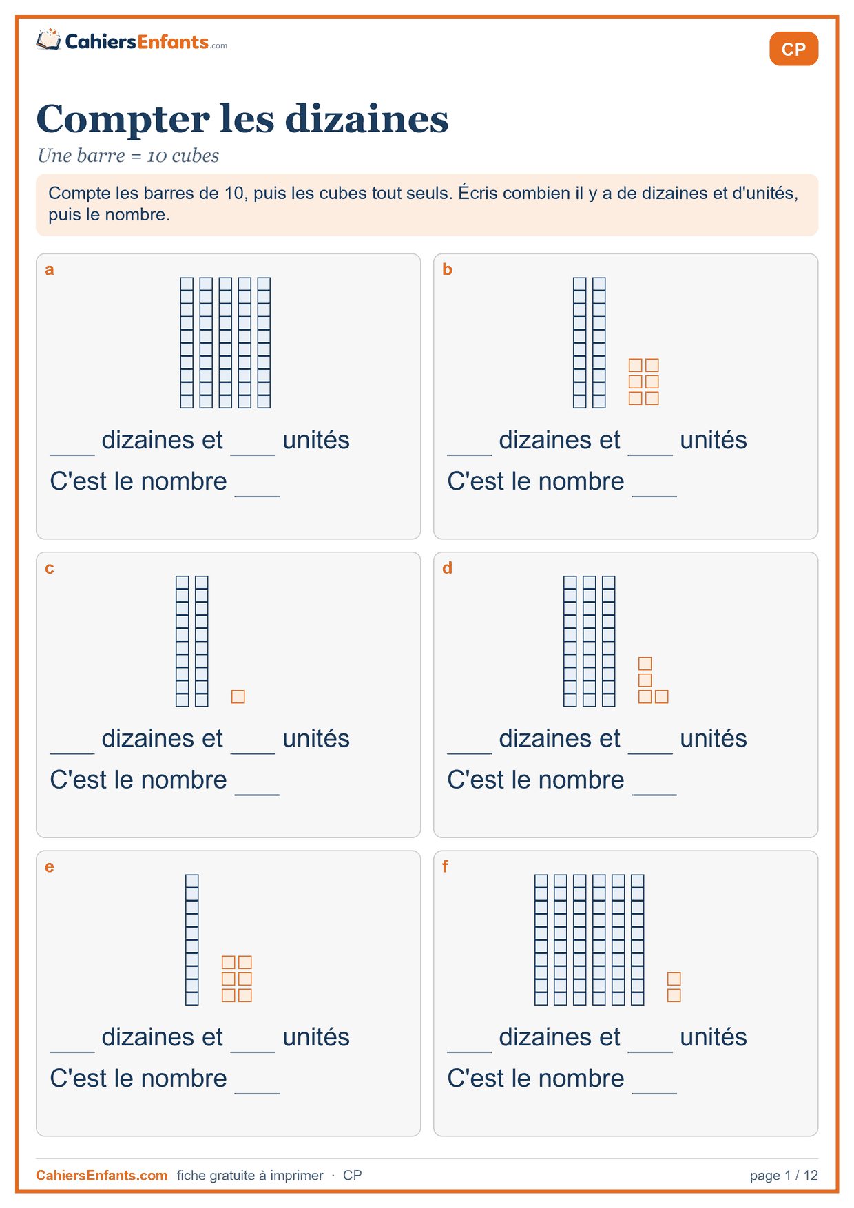 Fiche dizaines et unités CP à imprimer : compter les barres de 10 et les cubes