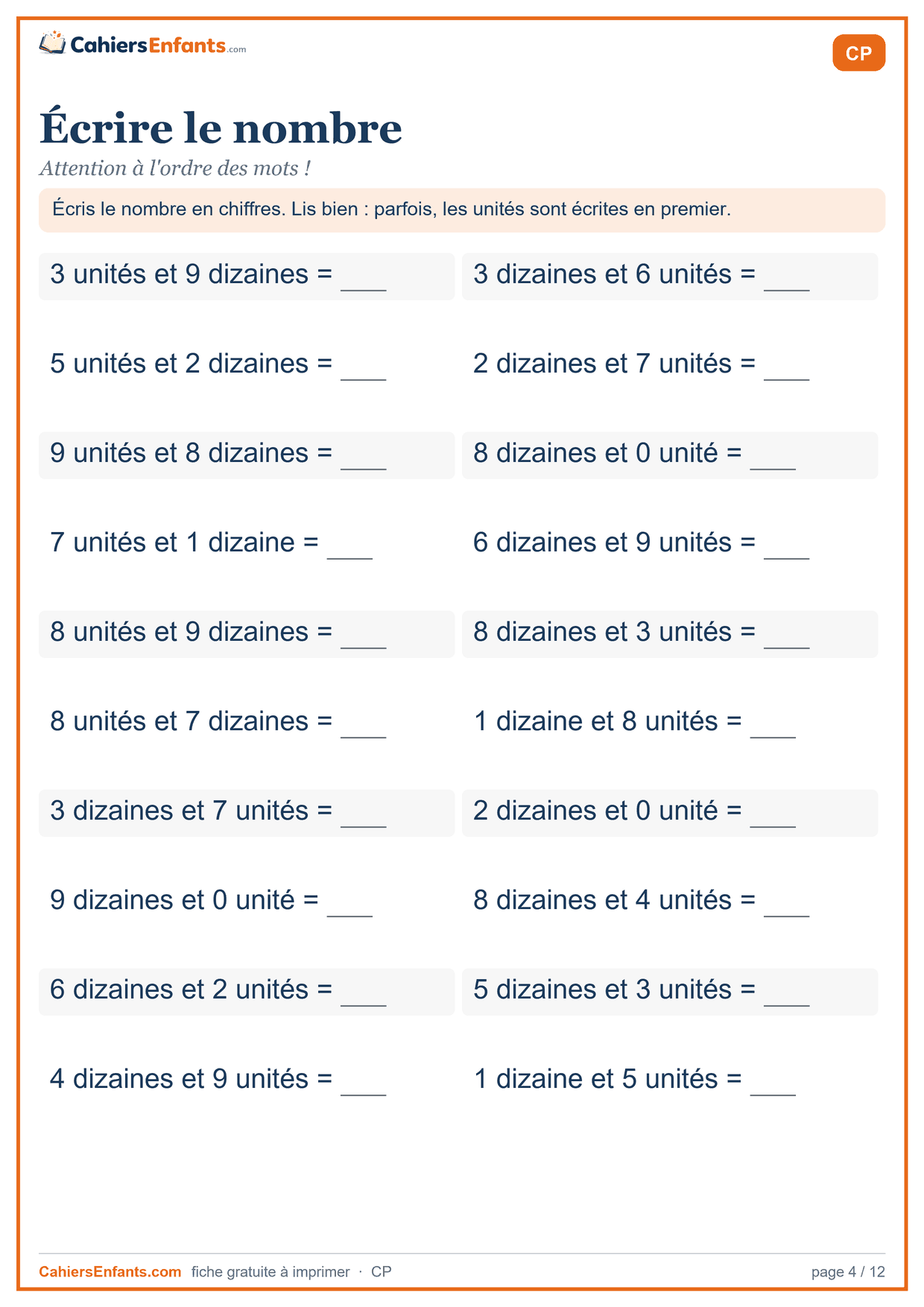 Fiche écrire le nombre CP à imprimer : dizaines et unités