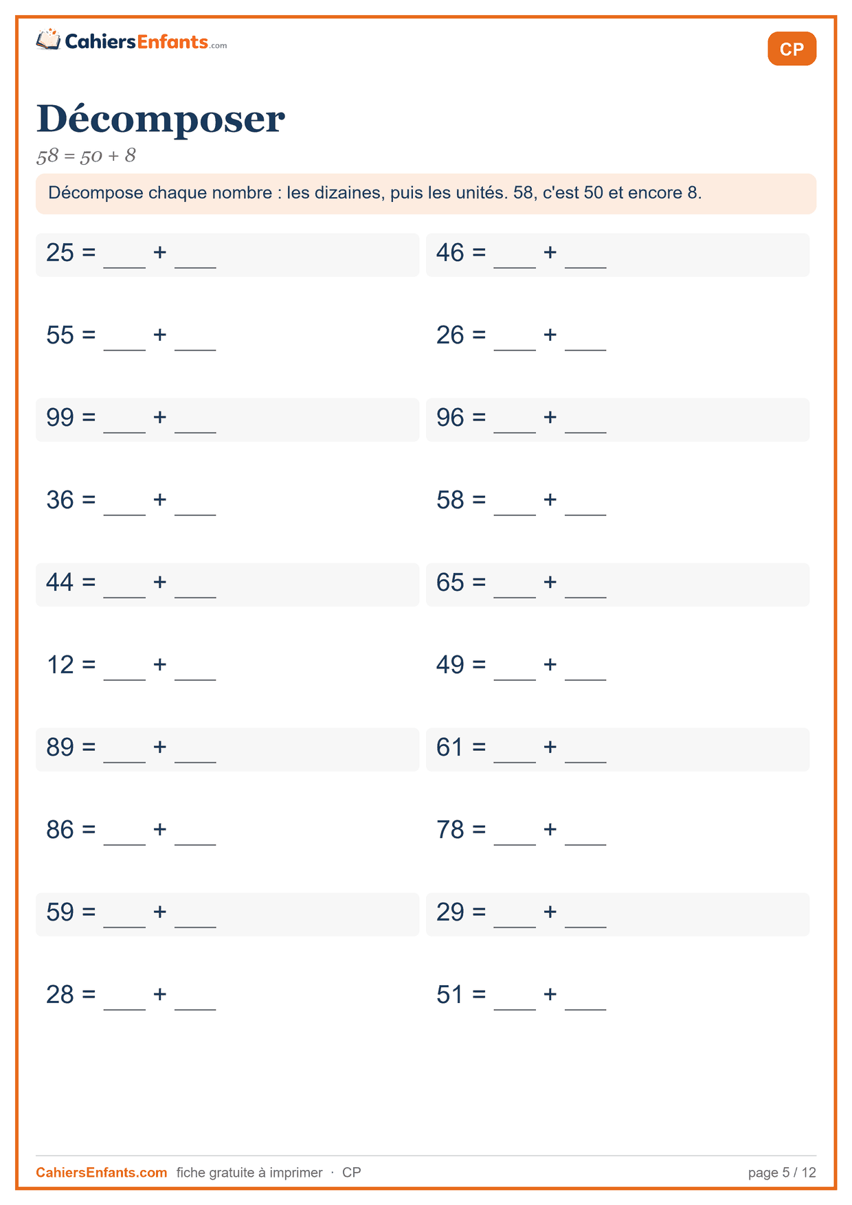 Fiche décomposer les nombres CP à imprimer, dizaines et unités