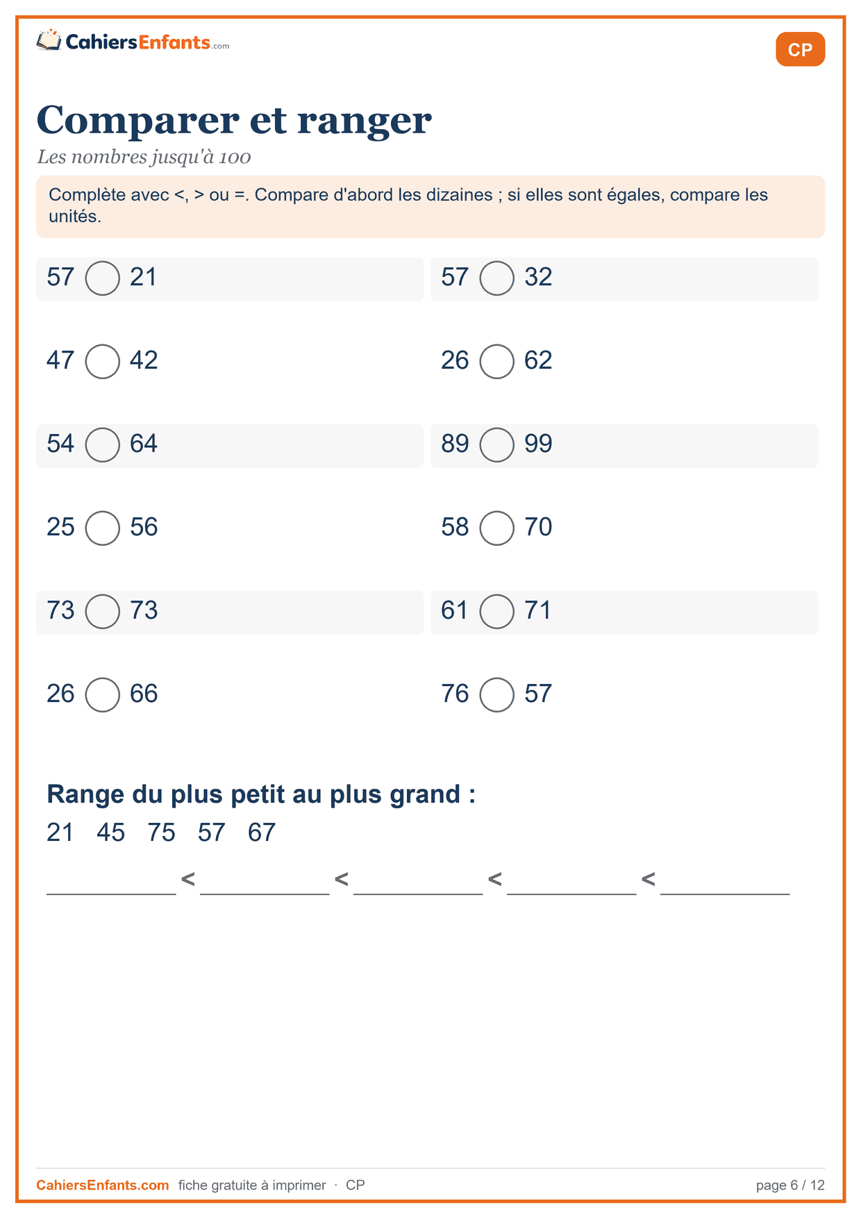 Fiche comparer et ranger les nombres jusqu'à 100 CP à imprimer