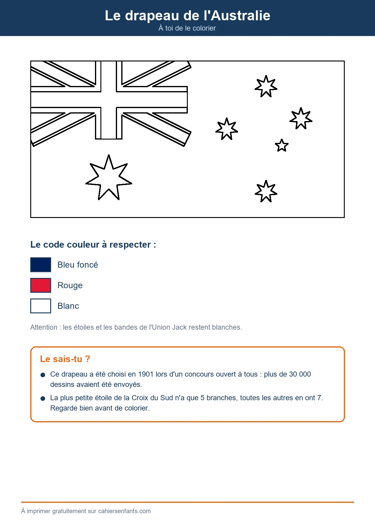 Drapeau de l'Australie à colorier à imprimer, contours exacts et code couleur
