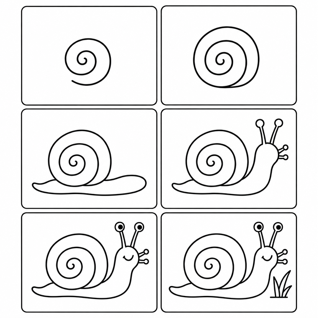 Dessiner un escargot pas à pas en 6 étapes à imprimer