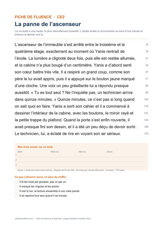Fiche de fluence CE2 à imprimer : le texte La panne de l'ascenseur avec le compteur de mots dans la marge et le tableau des trois essais