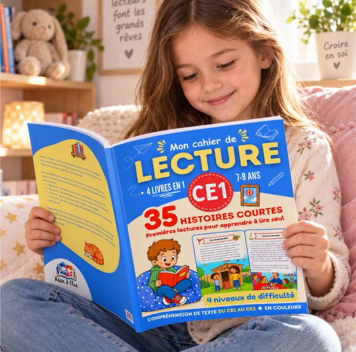 Une petite fille assise dans sa chambre lit Mon cahier de Lecture CE1