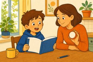 Un enfant lit un livre a voix haute pendant qu'un parent chronometre sa lecture, assis a la table de la cuisine